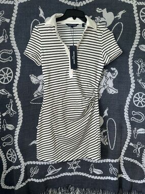 Veronica Beard Black and Cream Striped Polo Dress